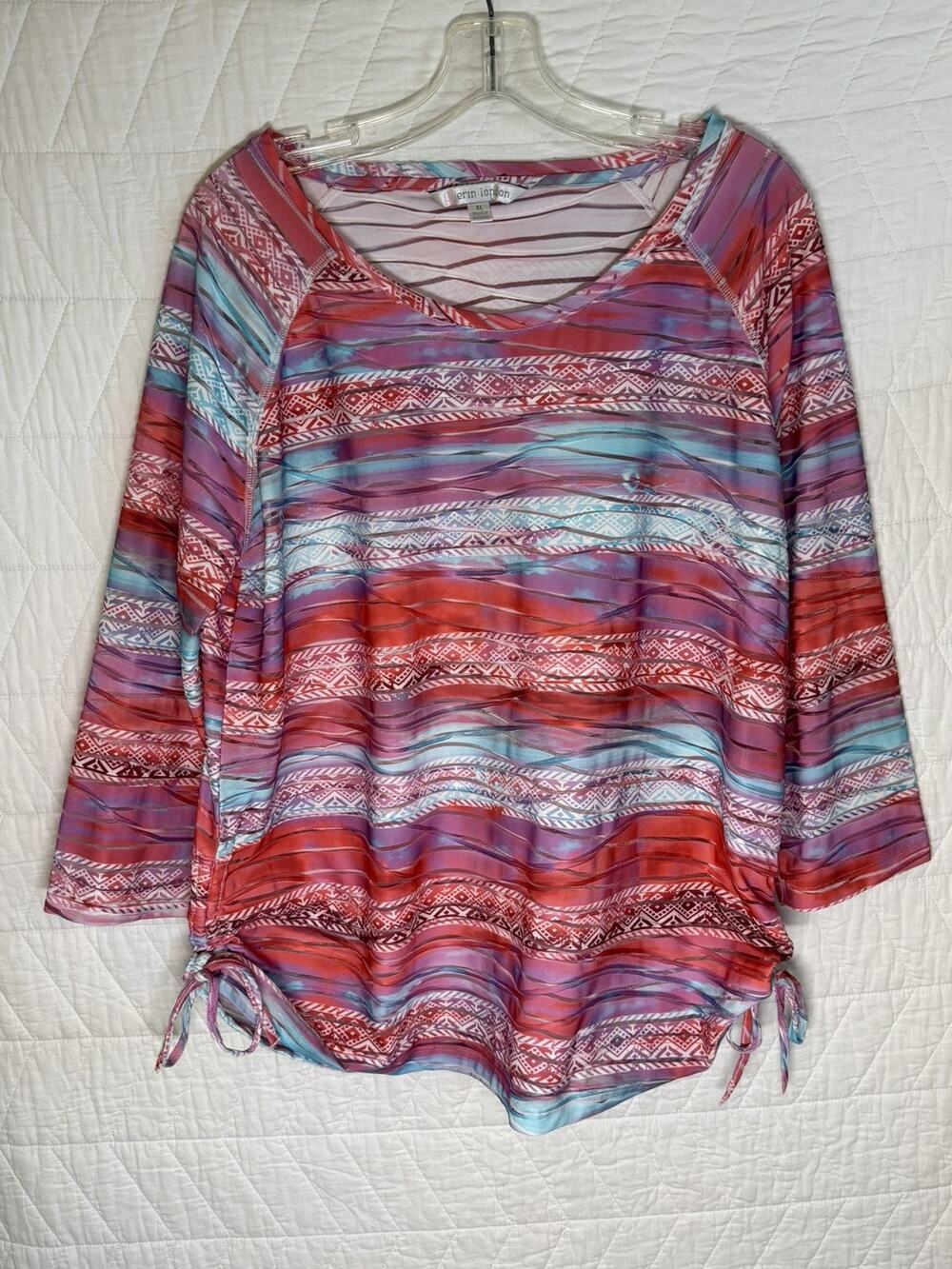 Erin London knit top Size XL 3/4 sleeve side tie up pink round neck